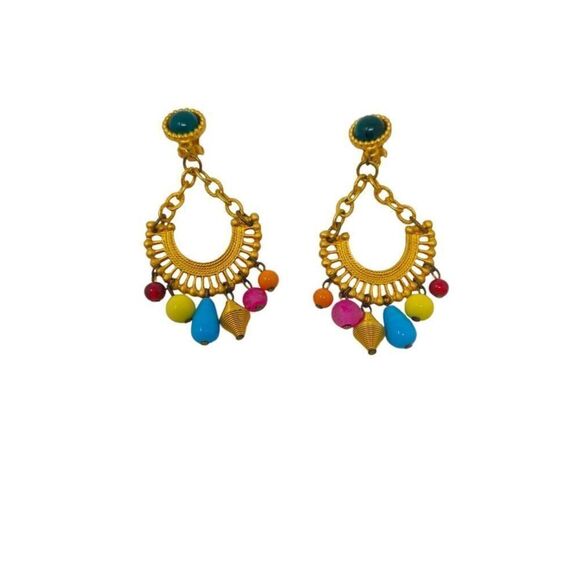 Vintage Gold Tone Tropical Beaded Clip-On Earrings | 3.50" - Picture 5 of 7